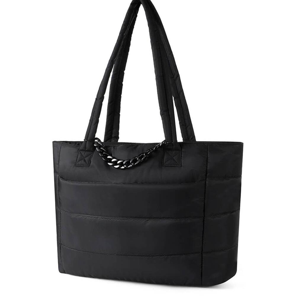 Nylon Quilted Puffer Tote with Luggage Strap Black
